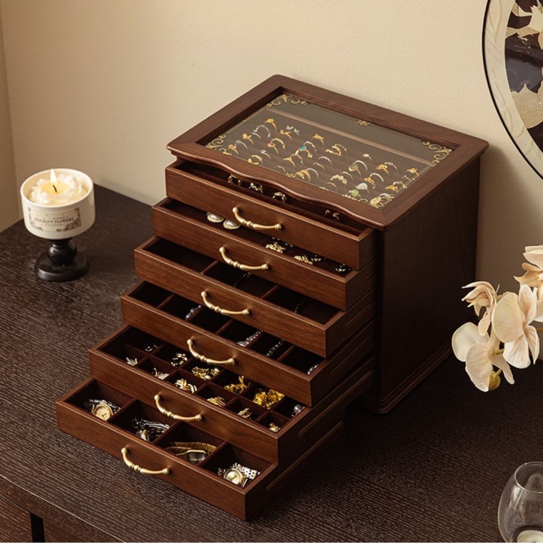 Grande boîte à bijoux en bois – 6 tiroirs et couvercle vitré - Cléophée Paris