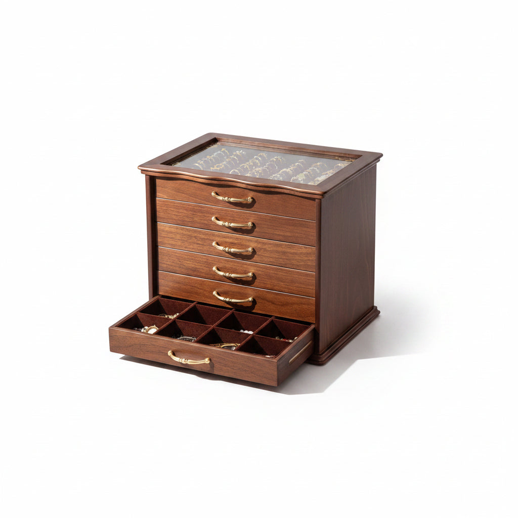 Grande boîte à bijoux en bois – 6 tiroirs et couvercle vitré - Cléophée Paris