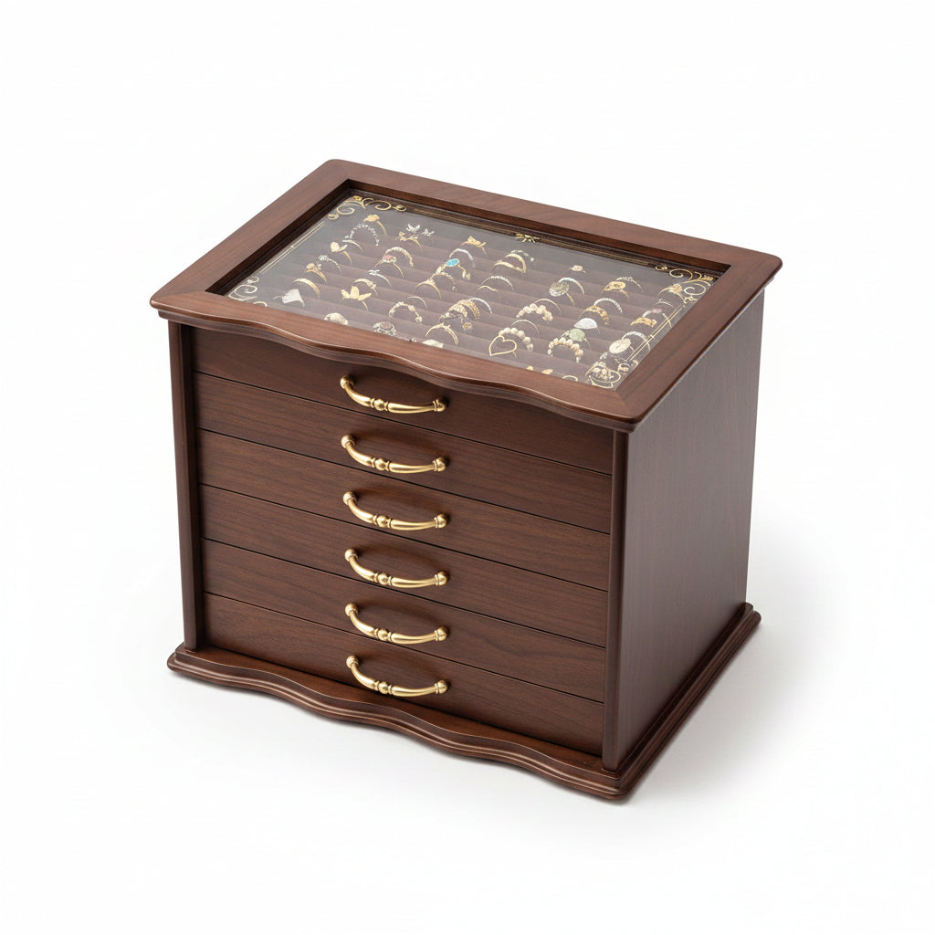 Grande boîte à bijoux en bois – 6 tiroirs et couvercle vitré - Cléophée Paris