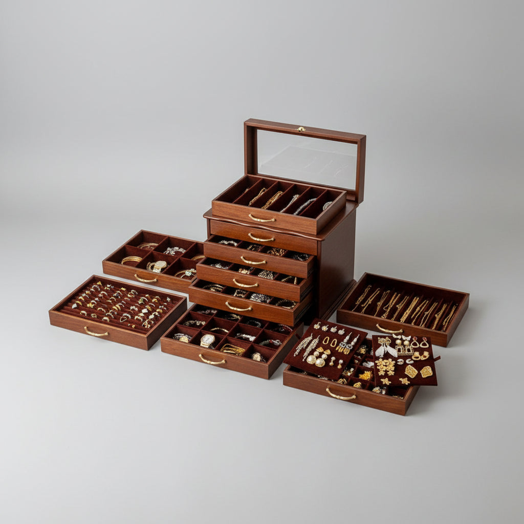 Grande boîte à bijoux en bois – 6 tiroirs et couvercle vitré - Cléophée Paris