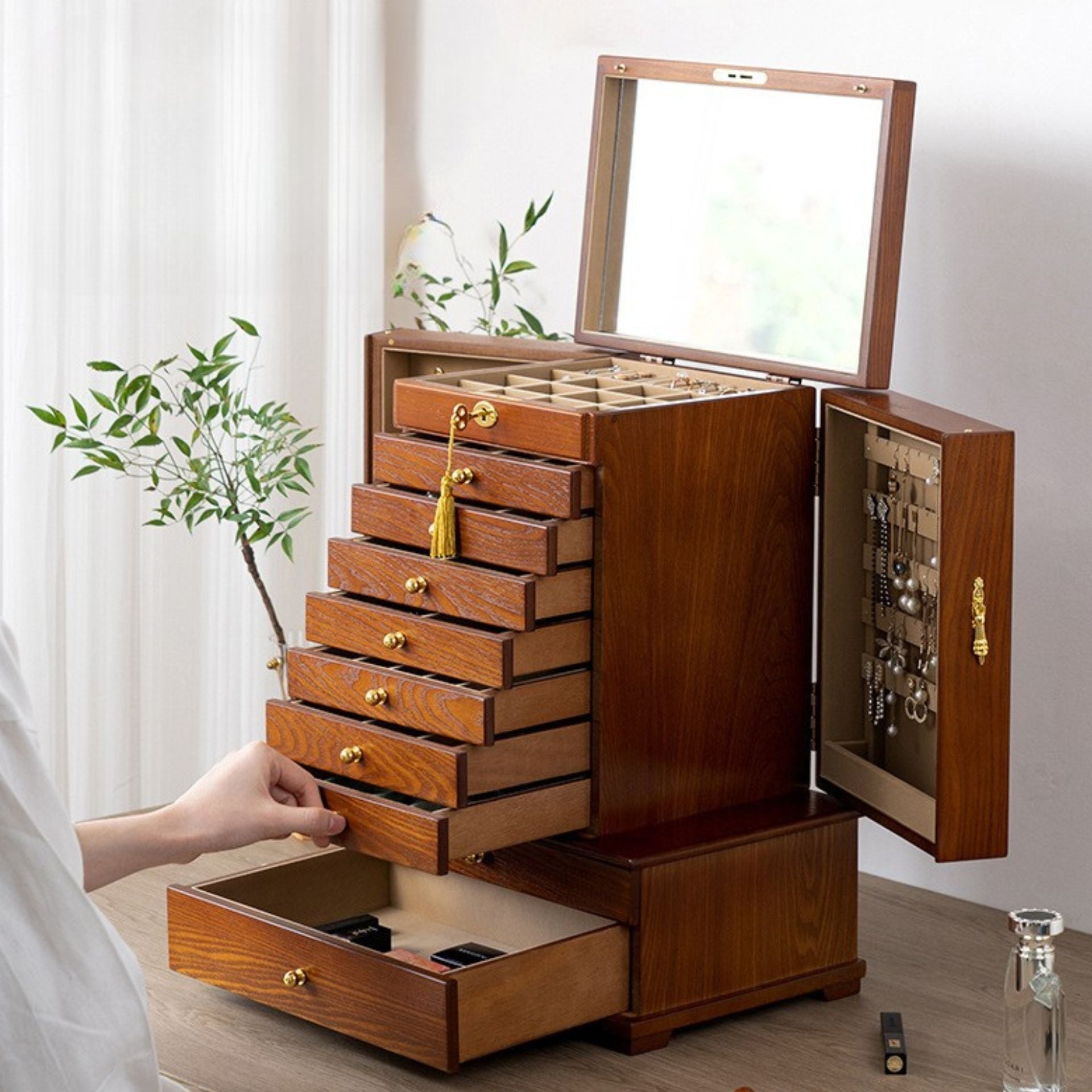Grande Boîte à Bijoux en Bois – 9 Tiroirs & Portes Latérales - Cléophée Paris