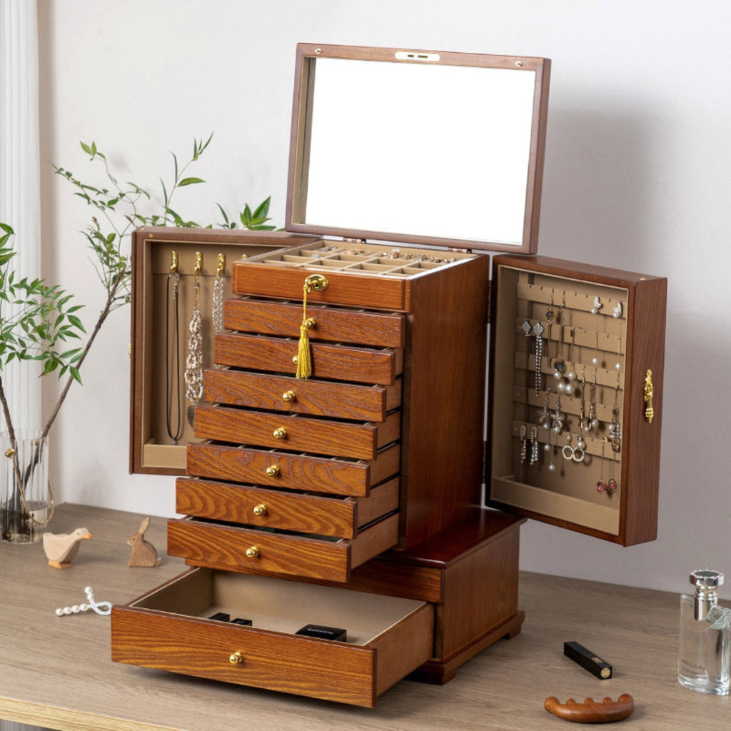 Grande Boîte à Bijoux en Bois – 9 Tiroirs & Portes Latérales - Cléophée Paris