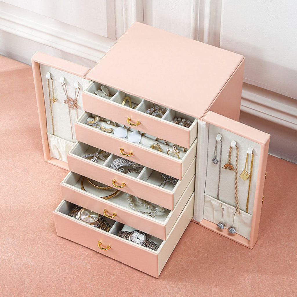Organisateur de Bijoux Style Cabinet en Cuir PU – 5 Tiroirs et Crochets - Cléophée Paris
