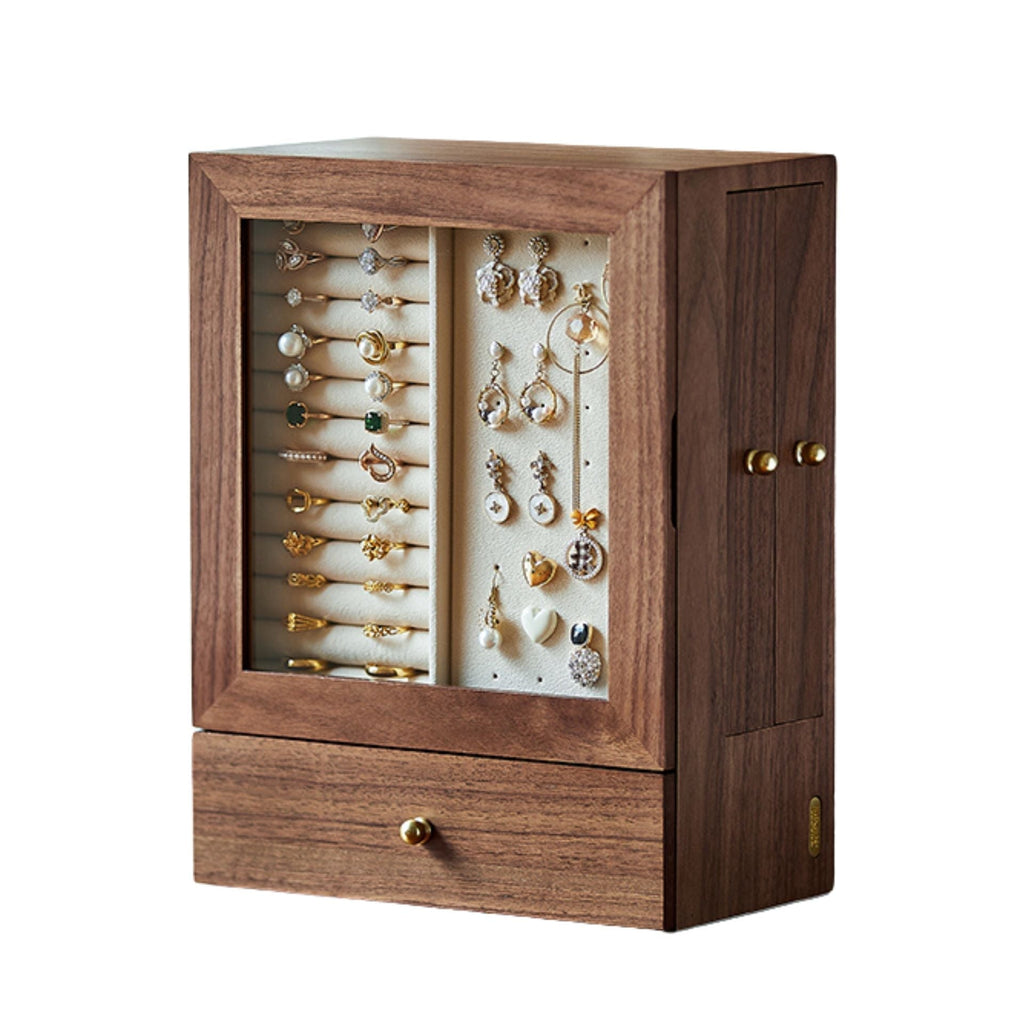 Vitrine à bijoux en noyer massif – façade vitrée & 3 tiroirs - Cléophée Paris